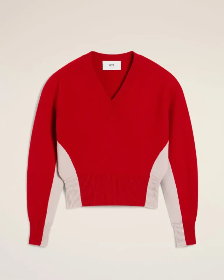 Ami Paris Red Wool Knit Bicolor V Neck Sweater POPPY/MASTIC Discount