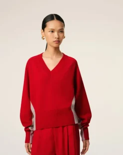 Ami Paris Red Wool Knit Bicolor V Neck Sweater POPPY/MASTIC Discount