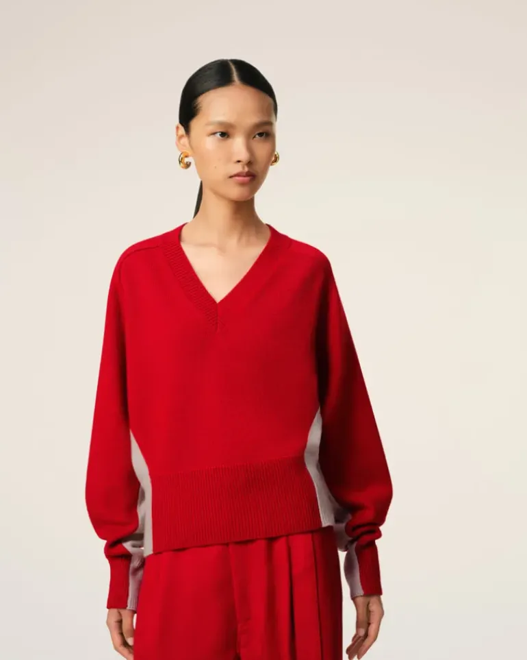 Ami Paris Red Wool Knit Bicolor V Neck Sweater POPPY/MASTIC Discount