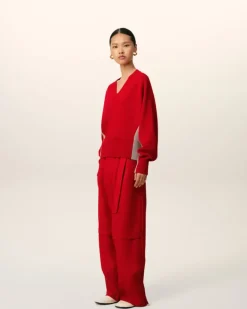 Ami Paris Red Wool Knit Bicolor V Neck Sweater POPPY/MASTIC Discount