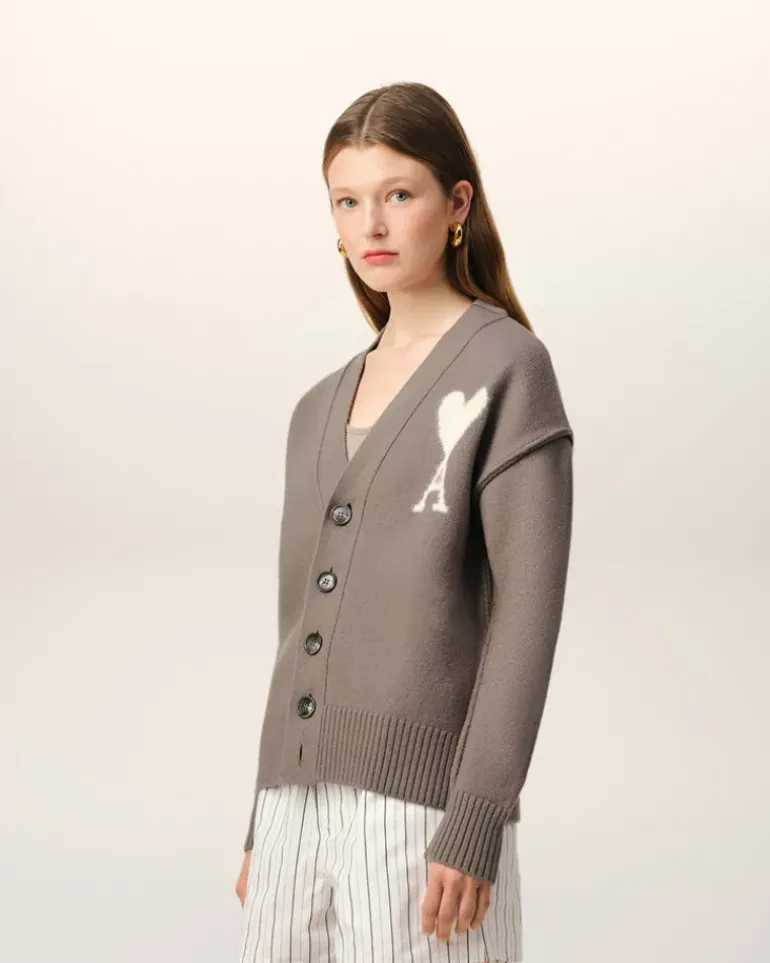 Ami Paris Taupe Wool Ami de Coeur Cardigan ASH/OFFWHITE Best Sale