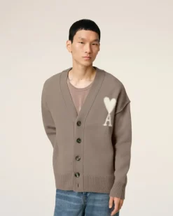 Ami Paris Taupe Wool Ami de Coeur Cardigan ASH/OFFWHITE Best Sale