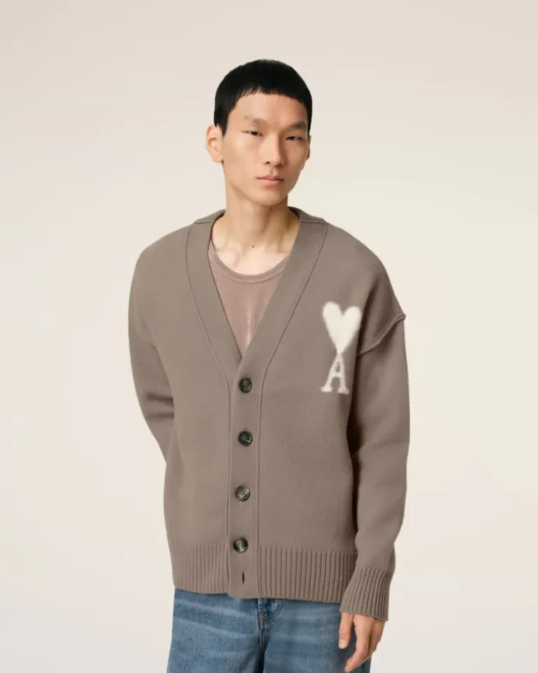 Ami Paris Taupe Wool Ami de Coeur Cardigan ASH/OFFWHITE Best Sale