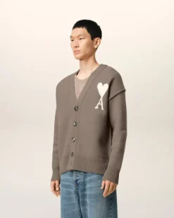 Ami Paris Taupe Wool Ami de Coeur Cardigan ASH/OFFWHITE Best Sale