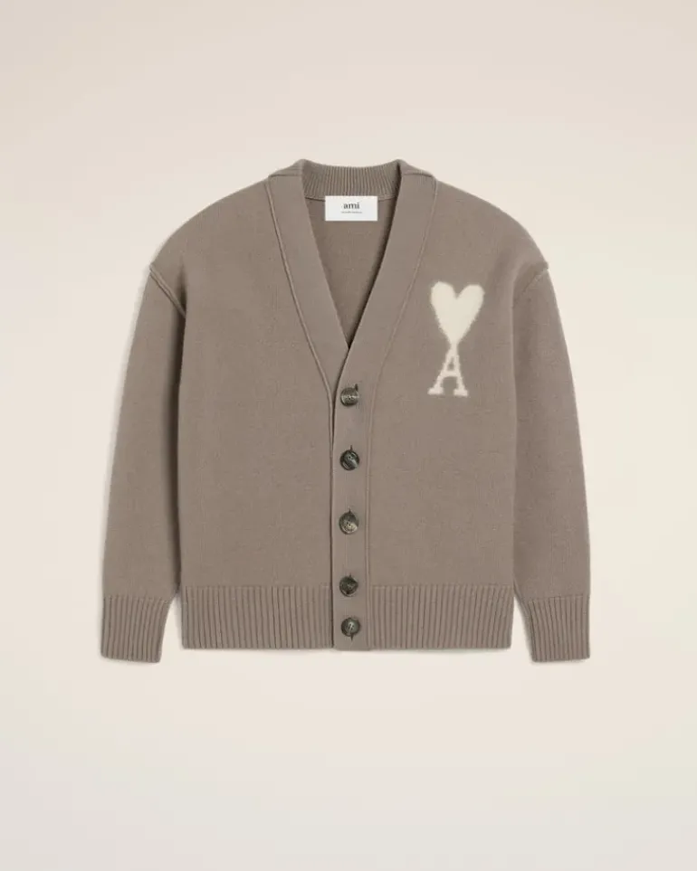 Ami Paris Taupe Wool Ami de Coeur Cardigan ASH/OFFWHITE Best Sale