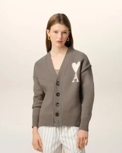 Ami Paris Taupe Wool Ami de Coeur Cardigan ASH/OFFWHITE Best Sale