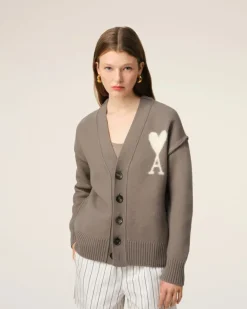Ami Paris Taupe Wool Ami de Coeur Cardigan ASH/OFFWHITE Best Sale
