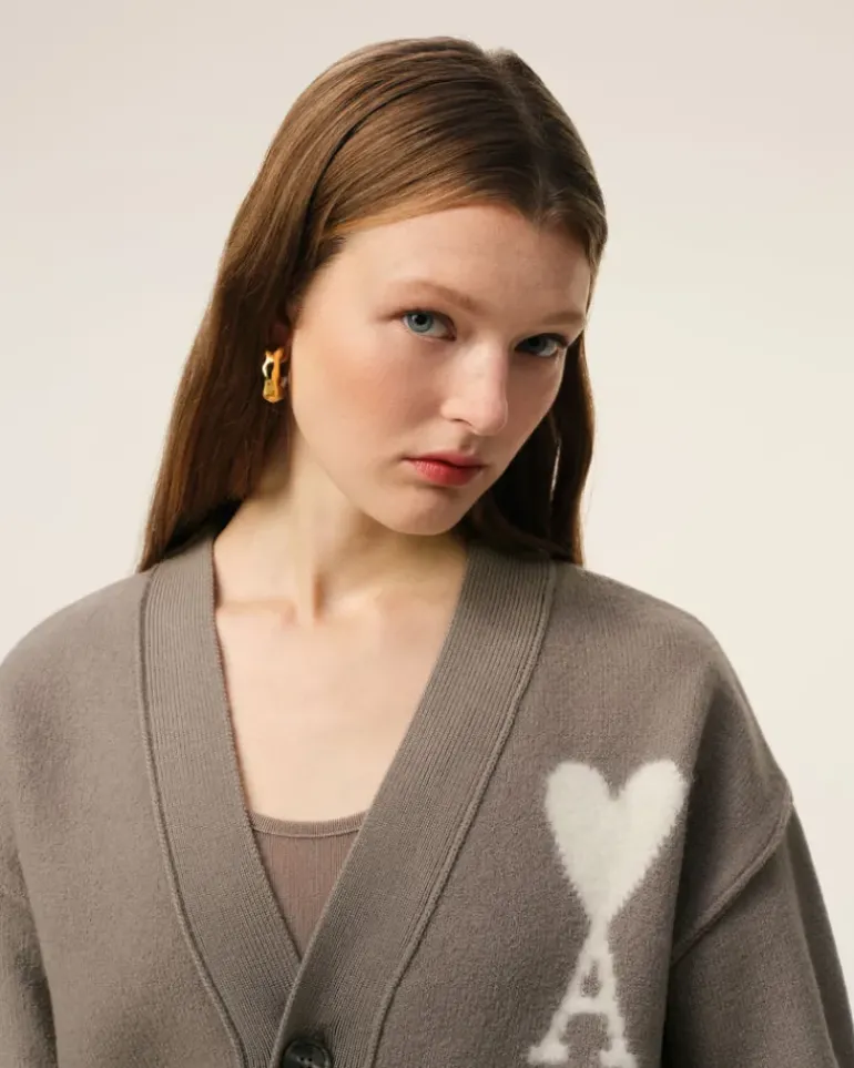 Ami Paris Taupe Wool Ami de Coeur Cardigan ASH/OFFWHITE Best Sale