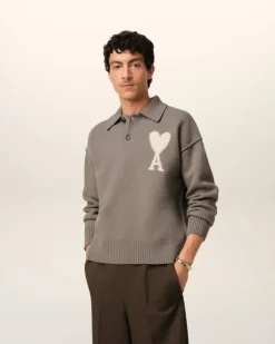 Ami Paris Taupe Wool Ami de Coeur Polo ASH/OFFWHITE Store