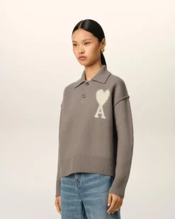 Ami Paris Taupe Wool Ami de Coeur Polo ASH/OFFWHITE Store