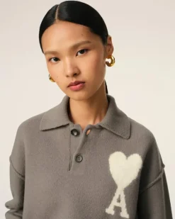 Ami Paris Taupe Wool Ami de Coeur Polo ASH/OFFWHITE Store