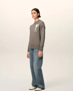 Ami Paris Taupe Wool Ami de Coeur Sweater ASH/OFFWHITE Flash Sale
