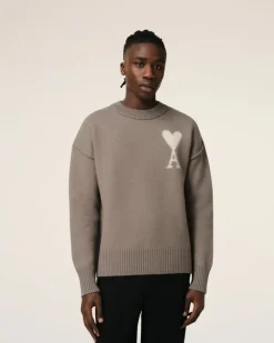 Ami Paris Taupe Wool Ami de Coeur Sweater ASH/OFFWHITE Flash Sale