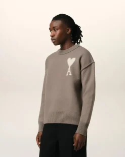 Ami Paris Taupe Wool Ami de Coeur Sweater ASH/OFFWHITE Flash Sale
