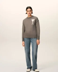 Ami Paris Taupe Wool Ami de Coeur Sweater ASH/OFFWHITE Flash Sale