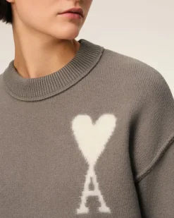 Ami Paris Taupe Wool Ami de Coeur Sweater ASH/OFFWHITE Flash Sale