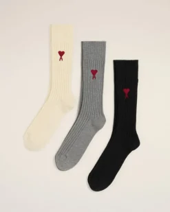 Ami Paris Tricolor Cotton Three Pack Socks OFF WHITE/GREY/BLACK Cheap