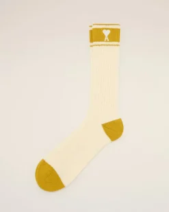 Ami Paris White Cotton Ami de Coeur Striped Socks WHITE CREAM/CURRY Online