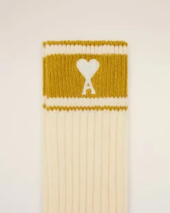 Ami Paris White Cotton Ami de Coeur Striped Socks WHITE CREAM/CURRY Online