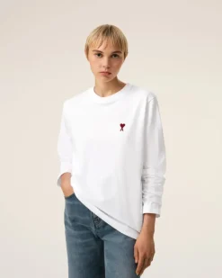 Ami Paris Cotton Ami de Coeur Long Sleeves T-Shirt WHITE Store