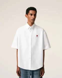 Ami Paris White Cotton Boxy Fit Short Sleeves Shirt NATURAL WHITE Hot