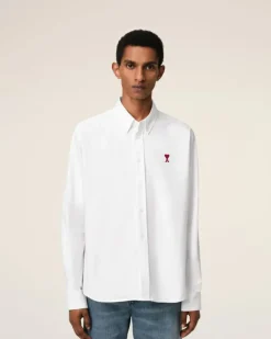 Ami Paris White Cotton Button-Down Ami de Coeur Shirt NATURAL WHITE Shop