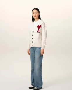 Ami Paris White Wool Ami de Coeur Cardigan OFF WHITE/ RED Clearance