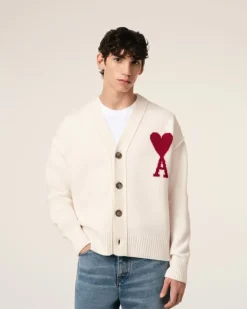 Ami Paris White Wool Ami de Coeur Cardigan OFF WHITE/ RED Clearance