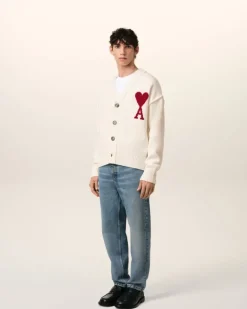 Ami Paris White Wool Ami de Coeur Cardigan OFF WHITE/ RED Clearance