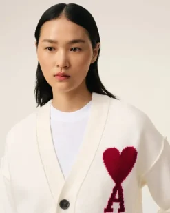 Ami Paris White Wool Ami de Coeur Cardigan OFF WHITE/ RED Clearance