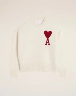 Ami Paris White Wool Ami de Coeur Sweater OFF WHITE/ RED New
