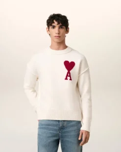 Ami Paris White Wool Ami de Coeur Sweater OFF WHITE/ RED New