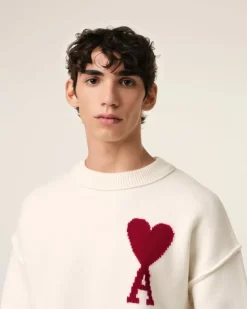 Ami Paris White Wool Ami de Coeur Sweater OFF WHITE/ RED New