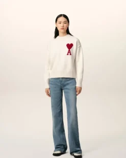 Ami Paris White Wool Ami de Coeur Sweater OFF WHITE/ RED New