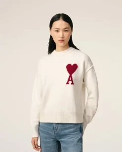 Ami Paris White Wool Ami de Coeur Sweater OFF WHITE/ RED New