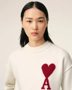 Ami Paris White Wool Ami de Coeur Sweater OFF WHITE/ RED New