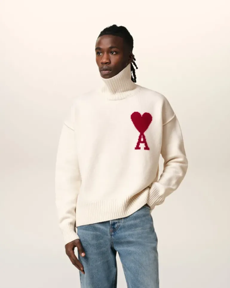Ami Paris White Wool Ami de Coeur Sweater OFF WHITE/ RED Cheap