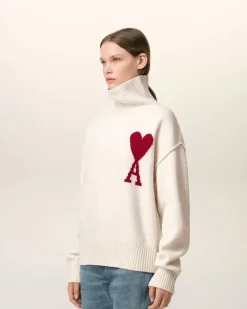 Ami Paris White Wool Ami de Coeur Sweater OFF WHITE/ RED Cheap