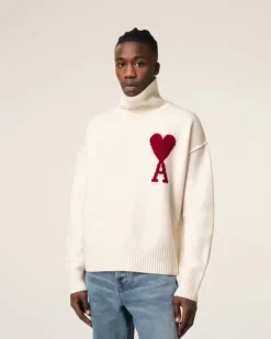 Ami Paris White Wool Ami de Coeur Sweater OFF WHITE/ RED Cheap