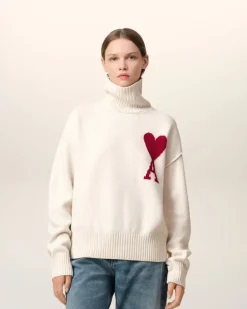 Ami Paris White Wool Ami de Coeur Sweater OFF WHITE/ RED Cheap