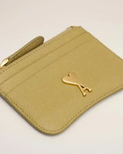 Ami Paris Yellow Leather Zipped Card Holder HAVANA/VIBRATED BRASS Sale
