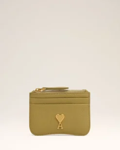 Ami Paris Yellow Leather Zipped Card Holder HAVANA/VIBRATED BRASS Sale